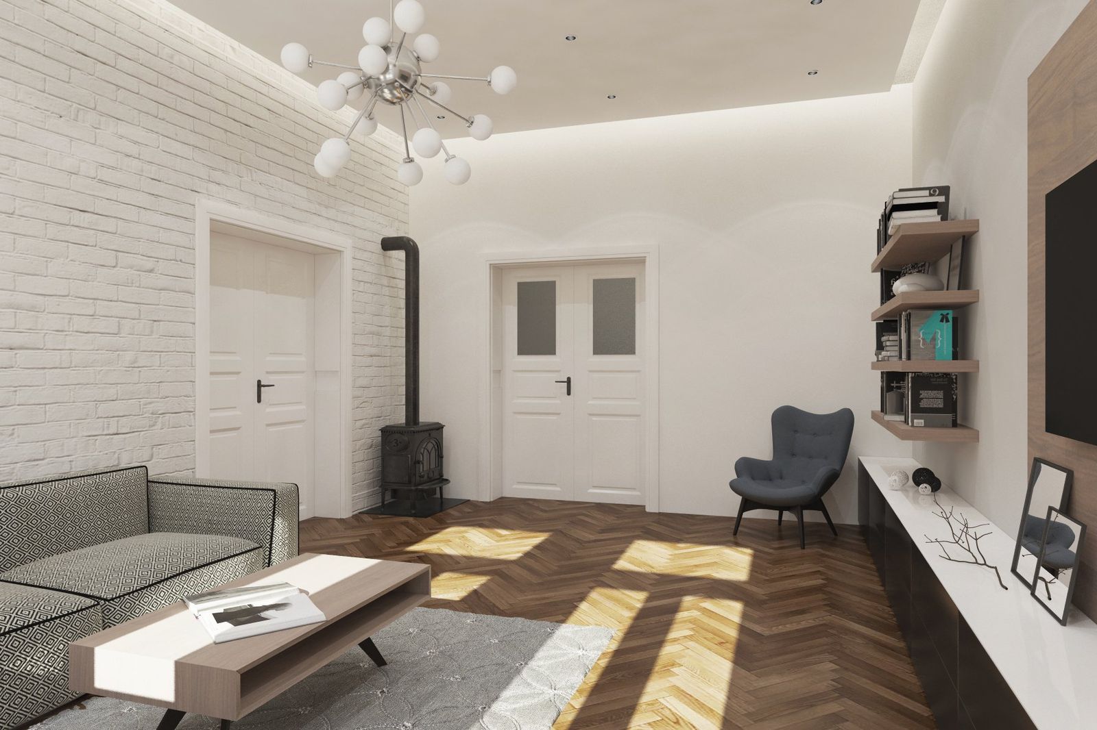 Apartment interior, Na Výšinách — stove, herringbone floor, chandelier